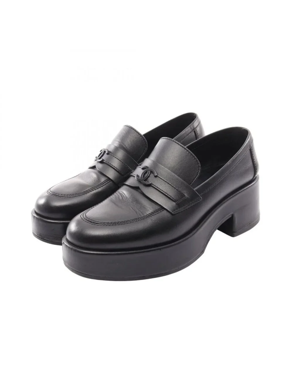 Chanel Loafers CC Logo Platform Black Leather